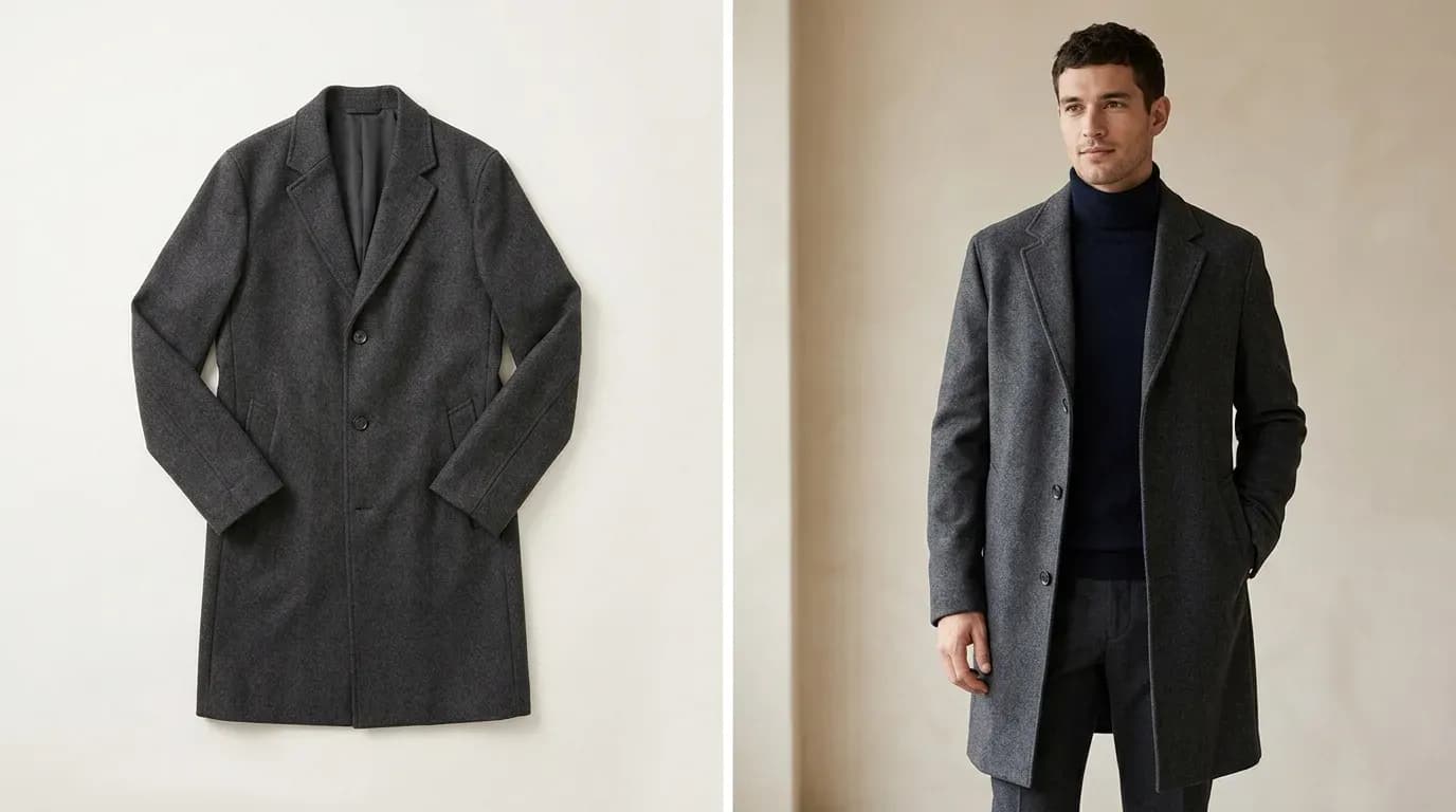 Side-by-side comparison of a charcoal wool overcoat shot flat-lay versus on-model