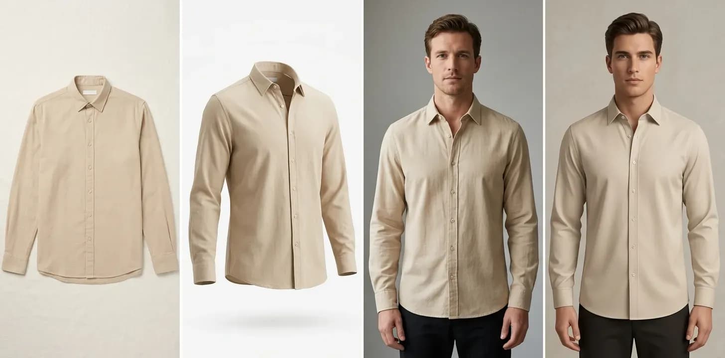 Four-panel comparison of the same beige cotton shirt photographed via flat lay, ghost mannequin, on-model, and AI on-model methods